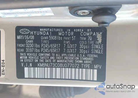 2008 Hyundai Veracruz Gls/Limited/Se из США, поврежденный, VIN KM8NU73C08U077072